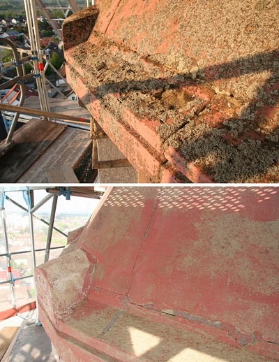 Hier nun einige Vorher-Nachher Bilder:

Nun ist gut zu erkennen, dass der Turmhut aus angemaltem Beton besteht.